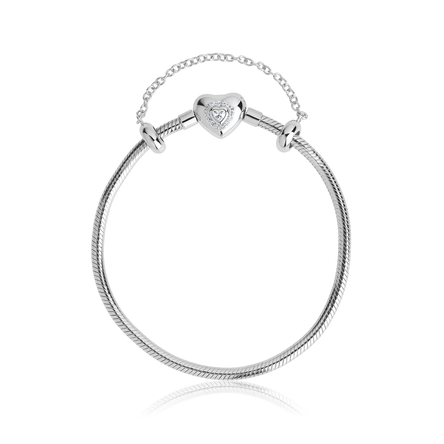 Pulseira de prata com coração decorado e detalhe de pedra, com fecho de corrente ajustável.