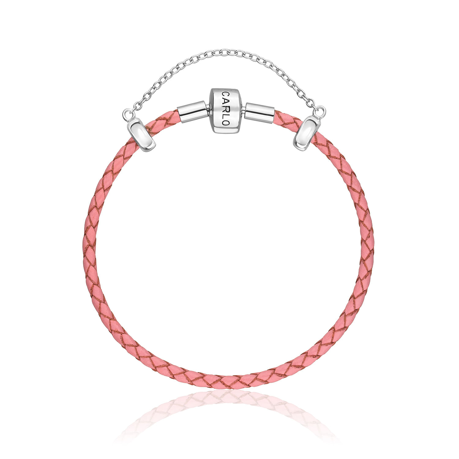 Pulseira de couro pink com fecho de metal prata, detalhes de metal prateado e inscrição "CARLO".