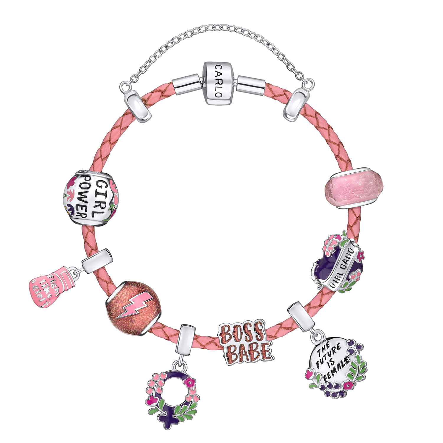 Pulseira com/alça rosa trançada e pingentes de prata com mensagens inspiradoras e símbolos, incluindo “Boss Babe” e “The future is female”.