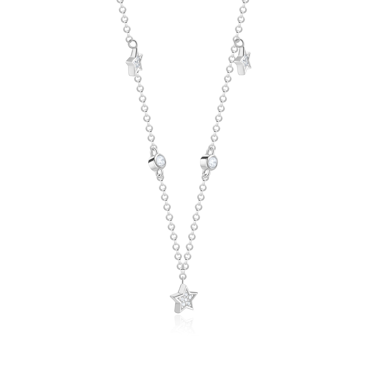 Colar prateado com estrelas e cristais, com uma corrente dupla e detalhes em formato de estrela.