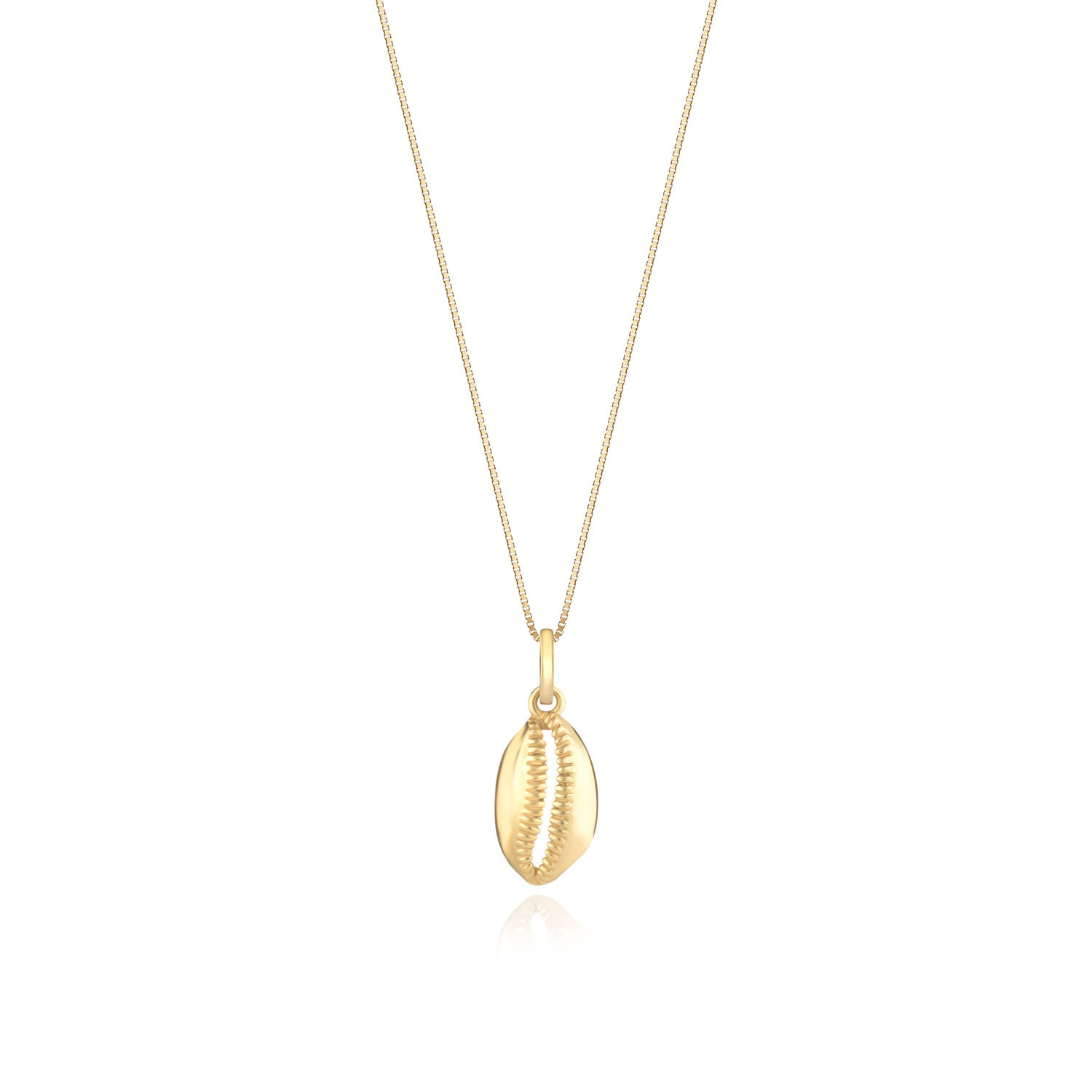 Colar dourado com pingente em formato de concha ou concha do mar.
