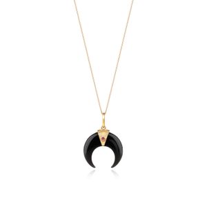 Pingente Chifre Italiano com Rubi em Quartzo Negro e Ouro Amarelo 18k