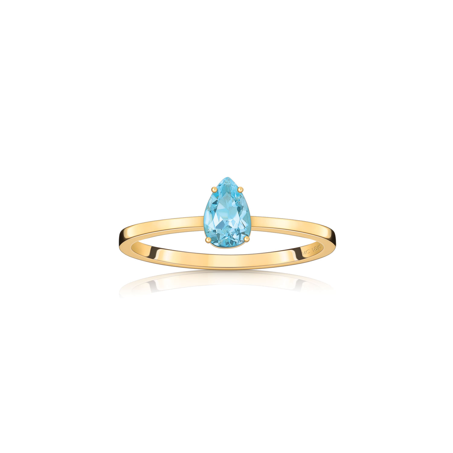 Anel de ouro com uma pedra azul em formato de gota, fixada por quatro garras.
