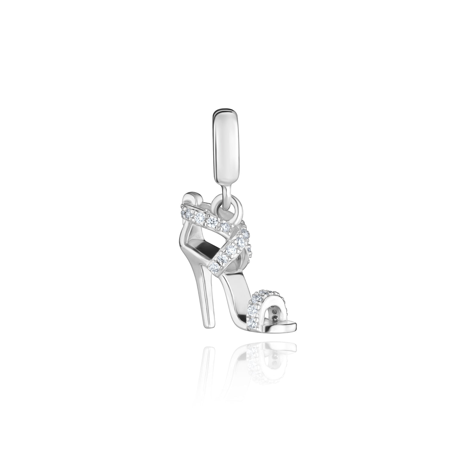 Pingente de zíper prateado com detalhes em pedras transparentes, em formato de sapato de salto alto.