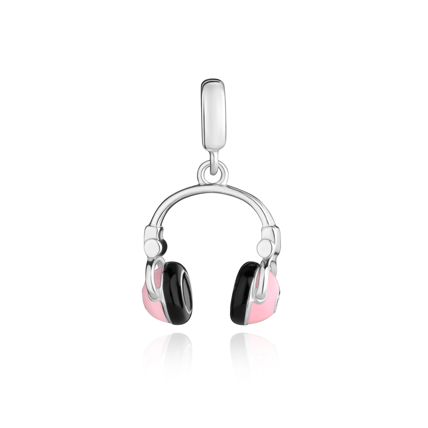Pingente de brincos com fone de ouvido estilizado em metal prateado, detalhes em rosa e preto.
