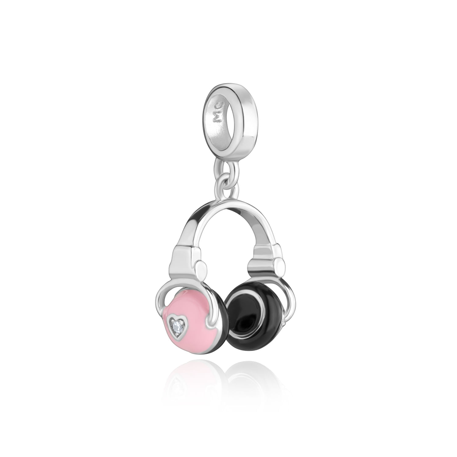 Mini brincos de fone de ouvido com detalhes em rosa e preto, contendo pequenos cristais e acabamento prateado.