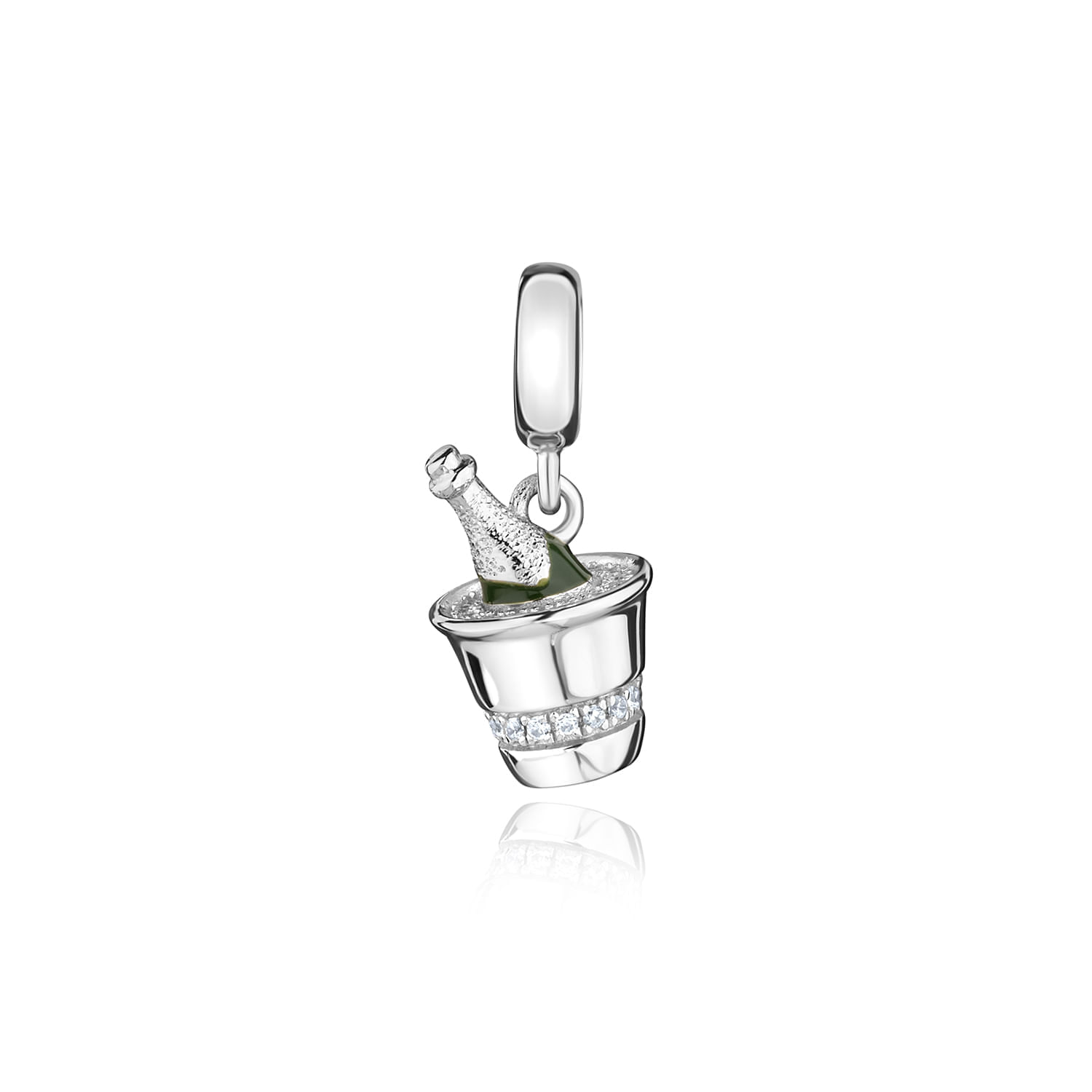 Pingente de prata com garrafa de champanhe e taça decorativa com strass.