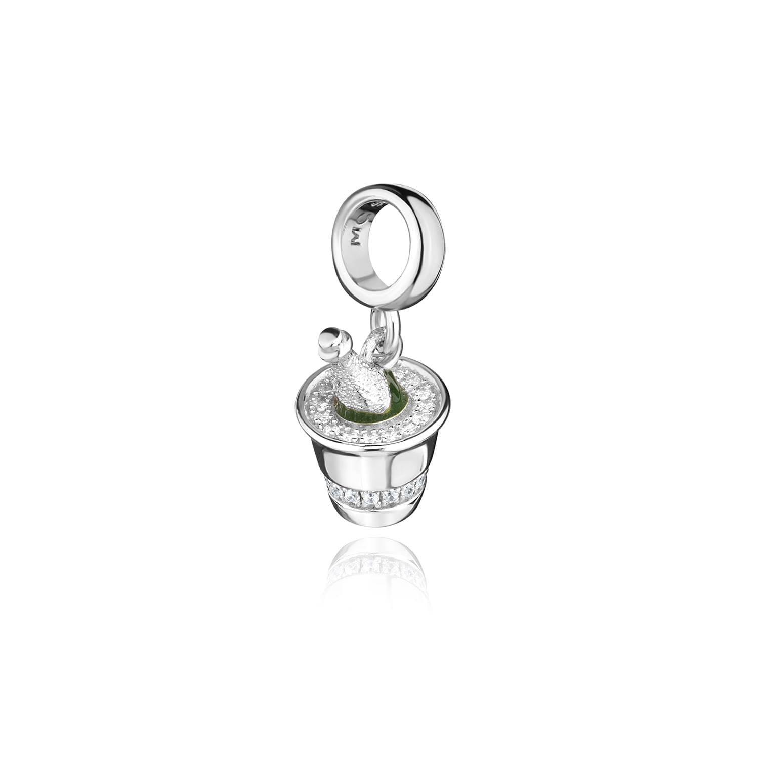 Pingente de prata com flor de cristal e detalhes em verde, em formato de vaso com flores.