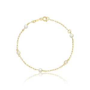 Pulseira Infantil com Pérolas e Zircônia em Ouro Amarelo 18k -  15 cm