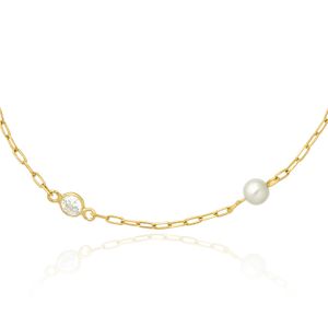 Pulseira Infantil com Pérolas e Zircônia em Ouro Amarelo 18k -  15 cm