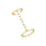 Anéis dourados com uma corrente no centro, formando uma peça de joalheria com dois anéis conectados por uma cadeia.