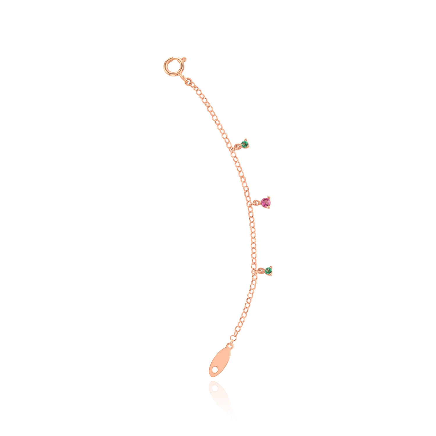 Pulseira delicada de corrente rosé com detalhes de pingentes em forma de gotas de pedras verdes e rosas, com fecho de mola.