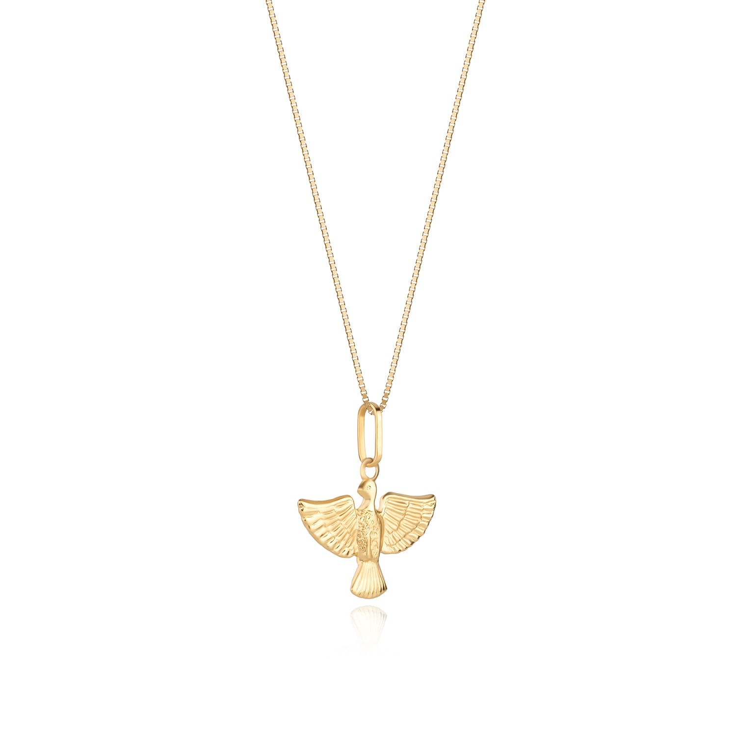 Colar com pingente dourado de pássaro com asas abertas.