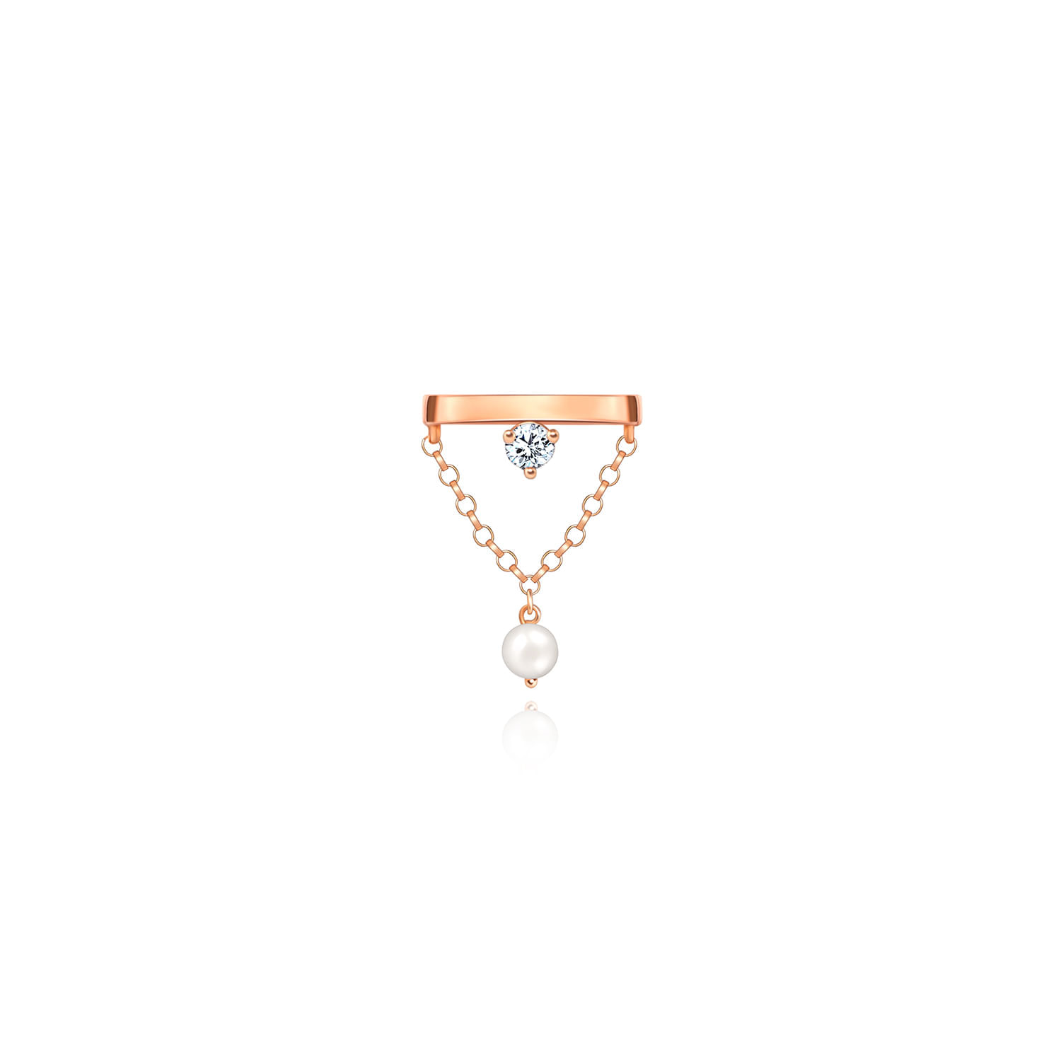 Brinco feminino dourado com uma pedra brilhante, uma corrente e uma pérola pendurada.