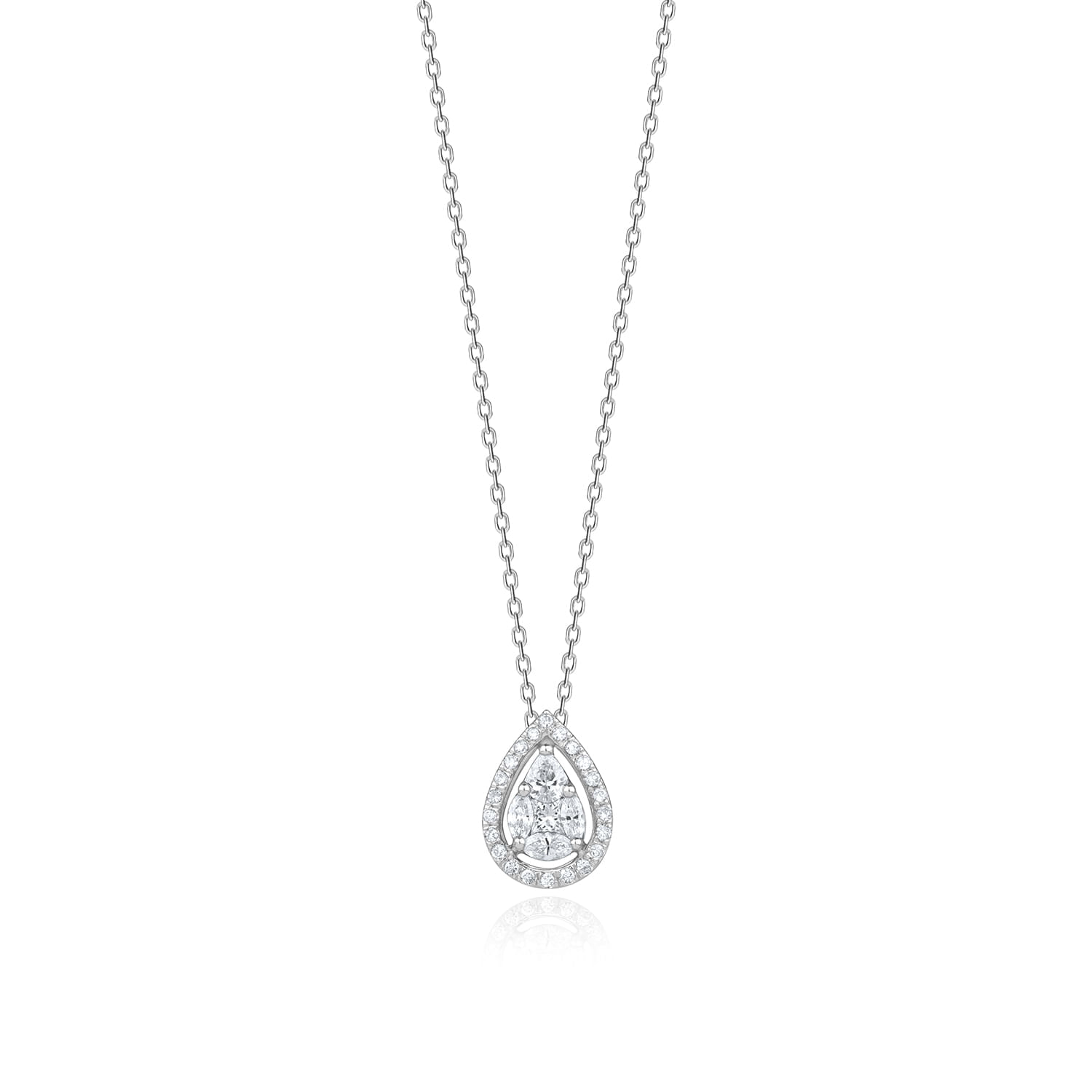 Colar de prata com pingente em formato de gota, decorado com pequenos diamantes.