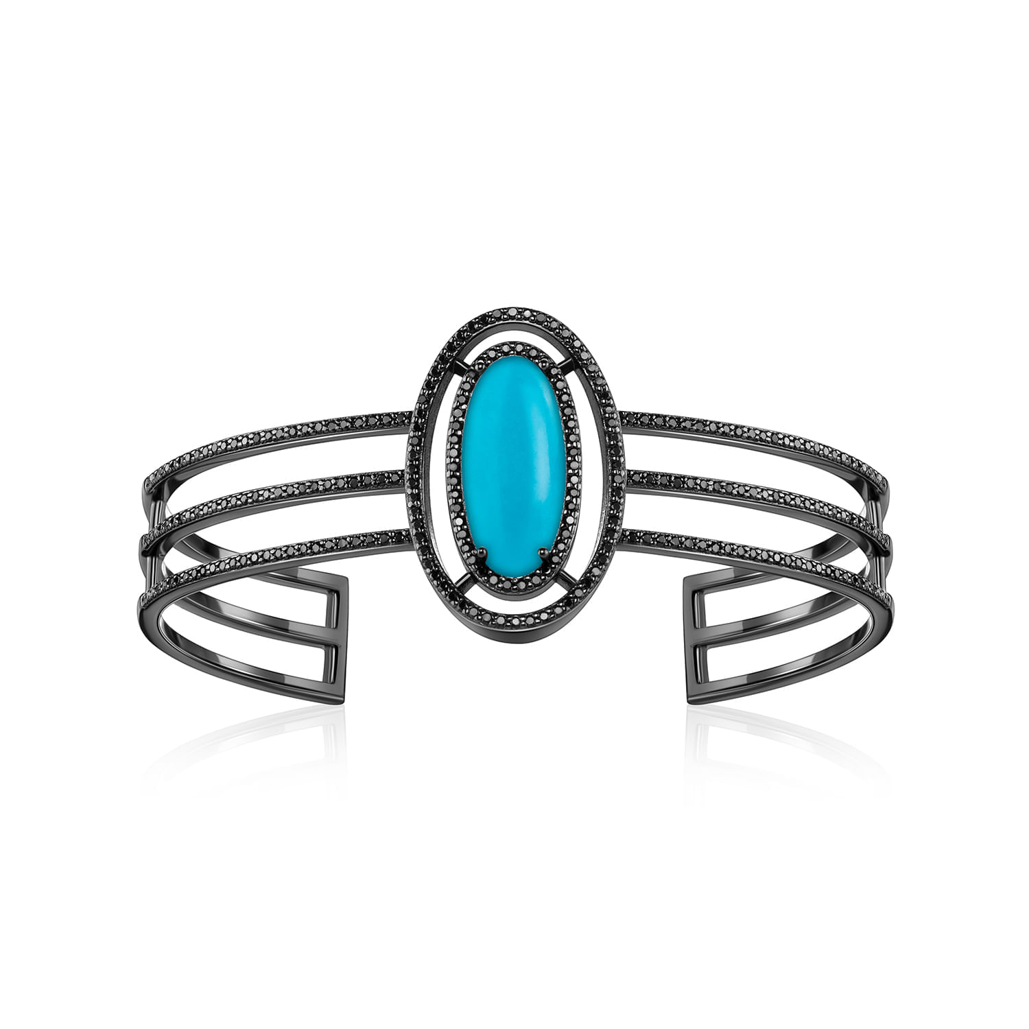 Bracelete preto com detalhe de pedra azul no centro, em formato oval e múltiplas faixas finas.