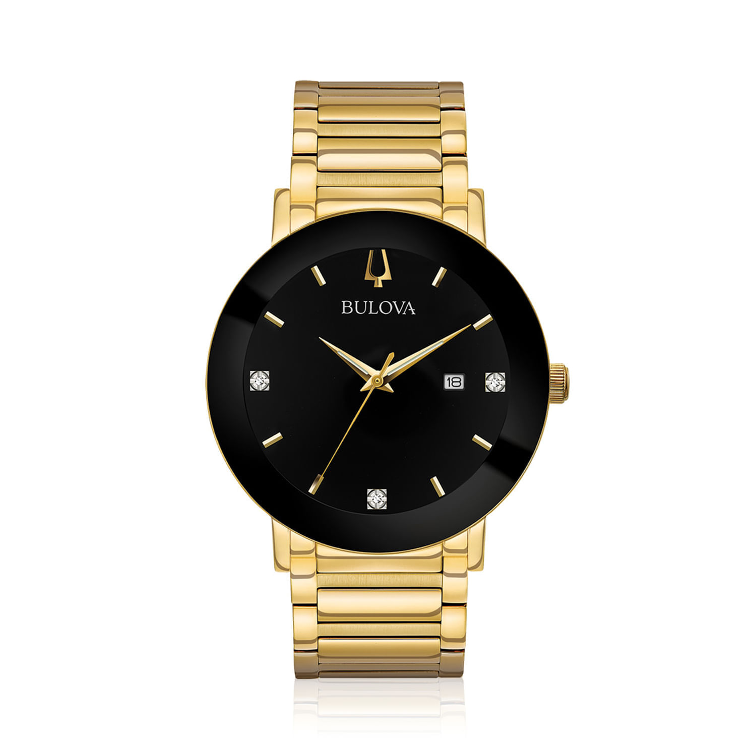 Relógio masculino com pulseira e detalhes em ouro, mostrador preto com data e índices de cristal.