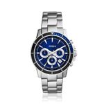 Relógio feminino Fossil com pulseira de aço prateada, mostrador azul com três subdials e detalhes em prata e preto.
