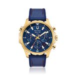Relógio masculino com caixa dourada, mostrador azul com subdials, pulseira azul com costura vermelha e detalhes de cronógrafo.