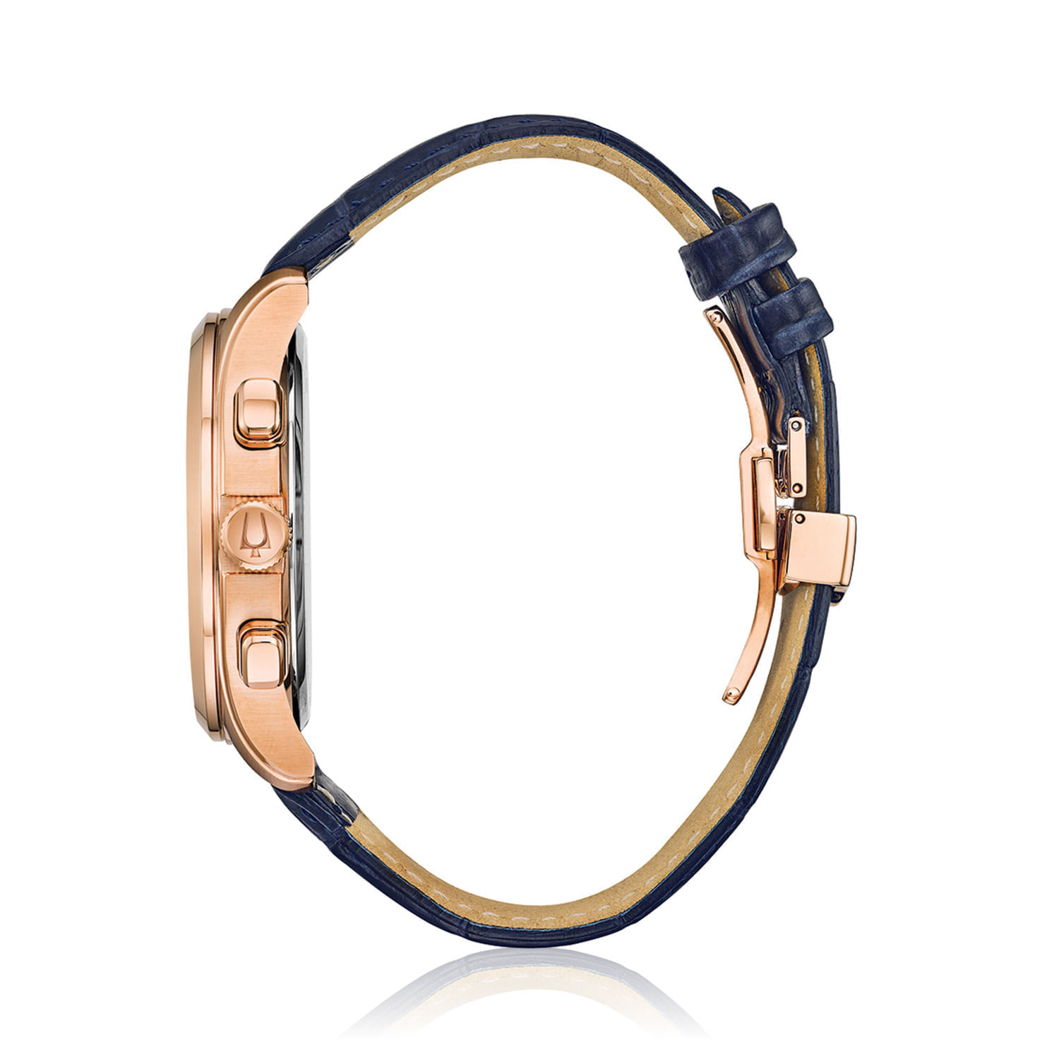 Relógio com pulseira de couro azul e caixa de metal dourada, visto de lado, com botões no lado direito.