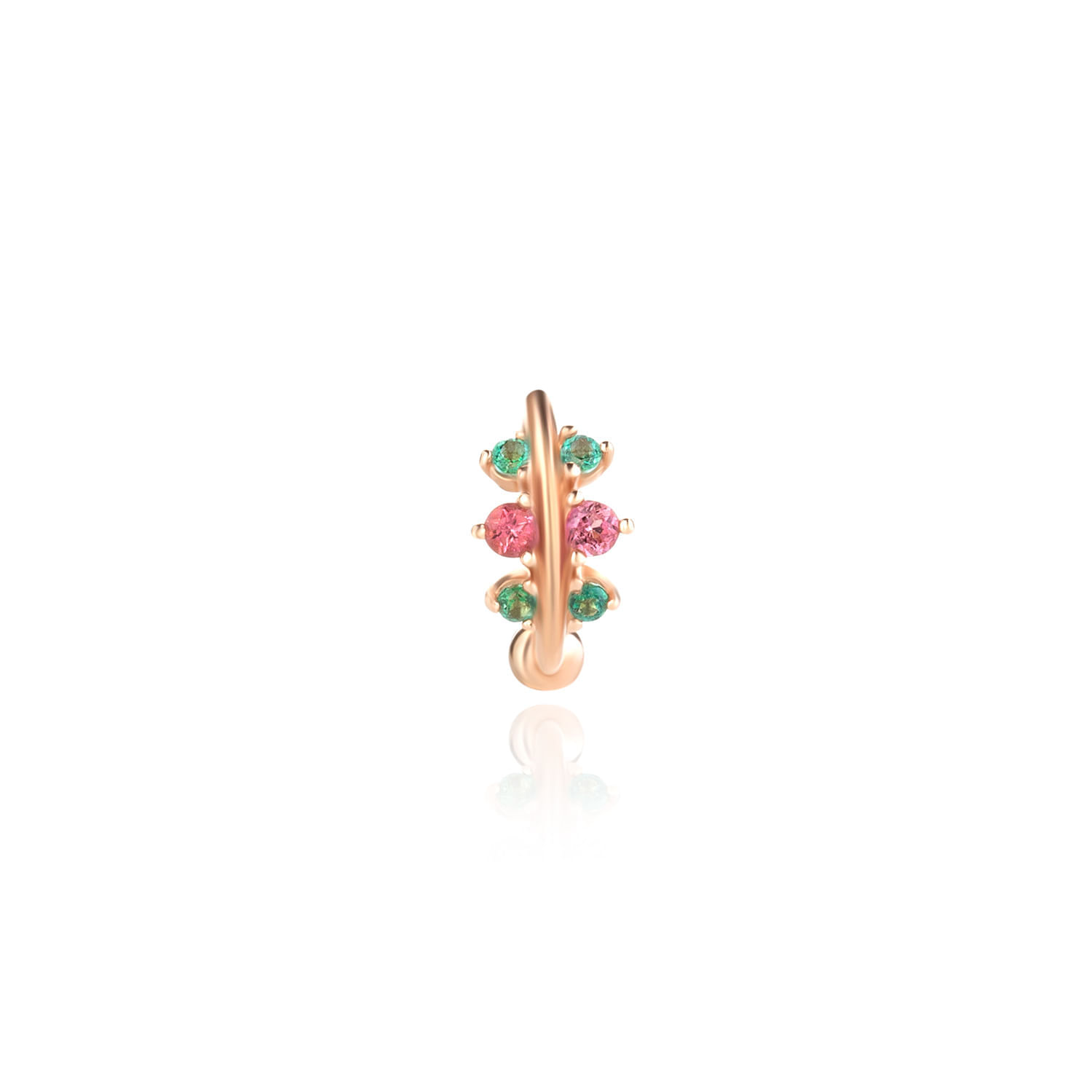 Piercing de ouro rosé com pequenas pedras verdes e rosas dispostas em dois lados, formando um design delicado e colorido.