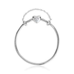 Pulseira Maleável em Prata 925 com Fecho Coração Cravejada - 18 cm