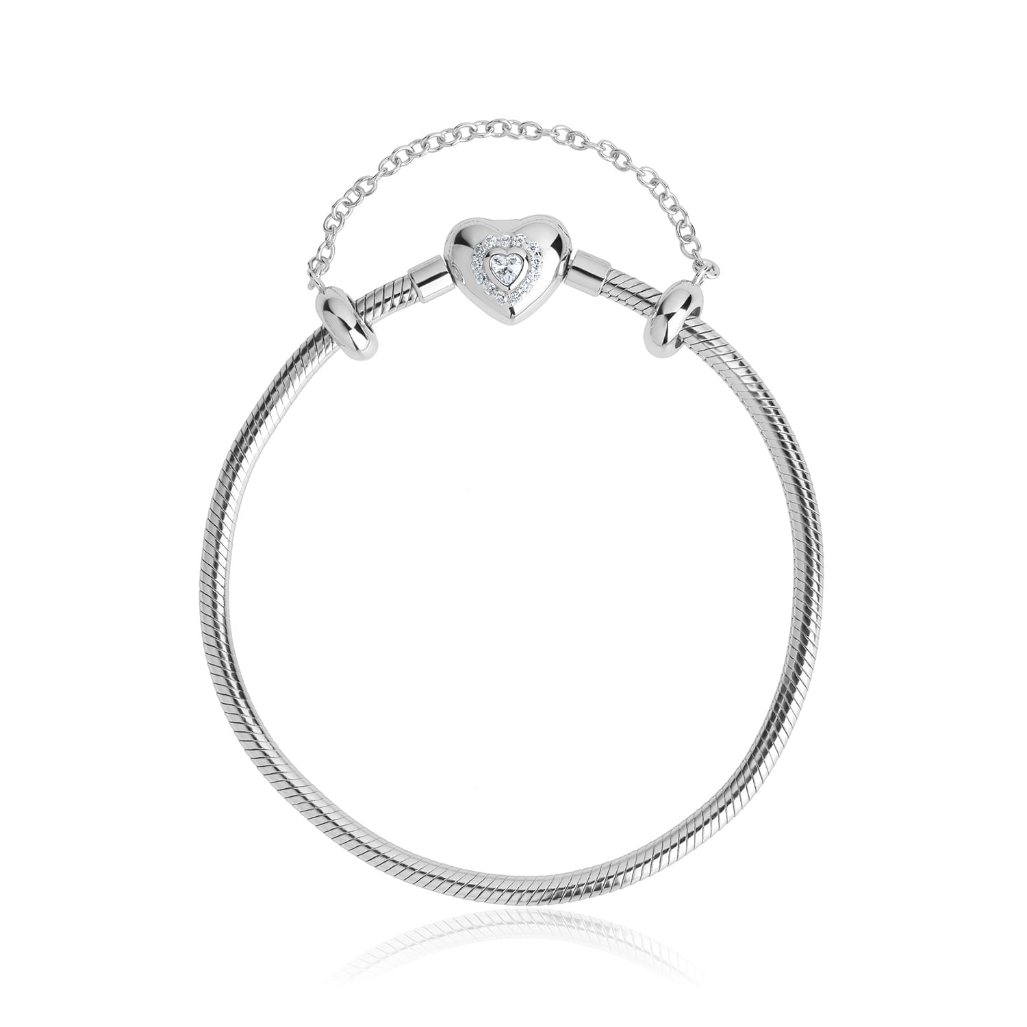 Pulseira de aço prateado com elo de coração adornado com pequenos cristais.