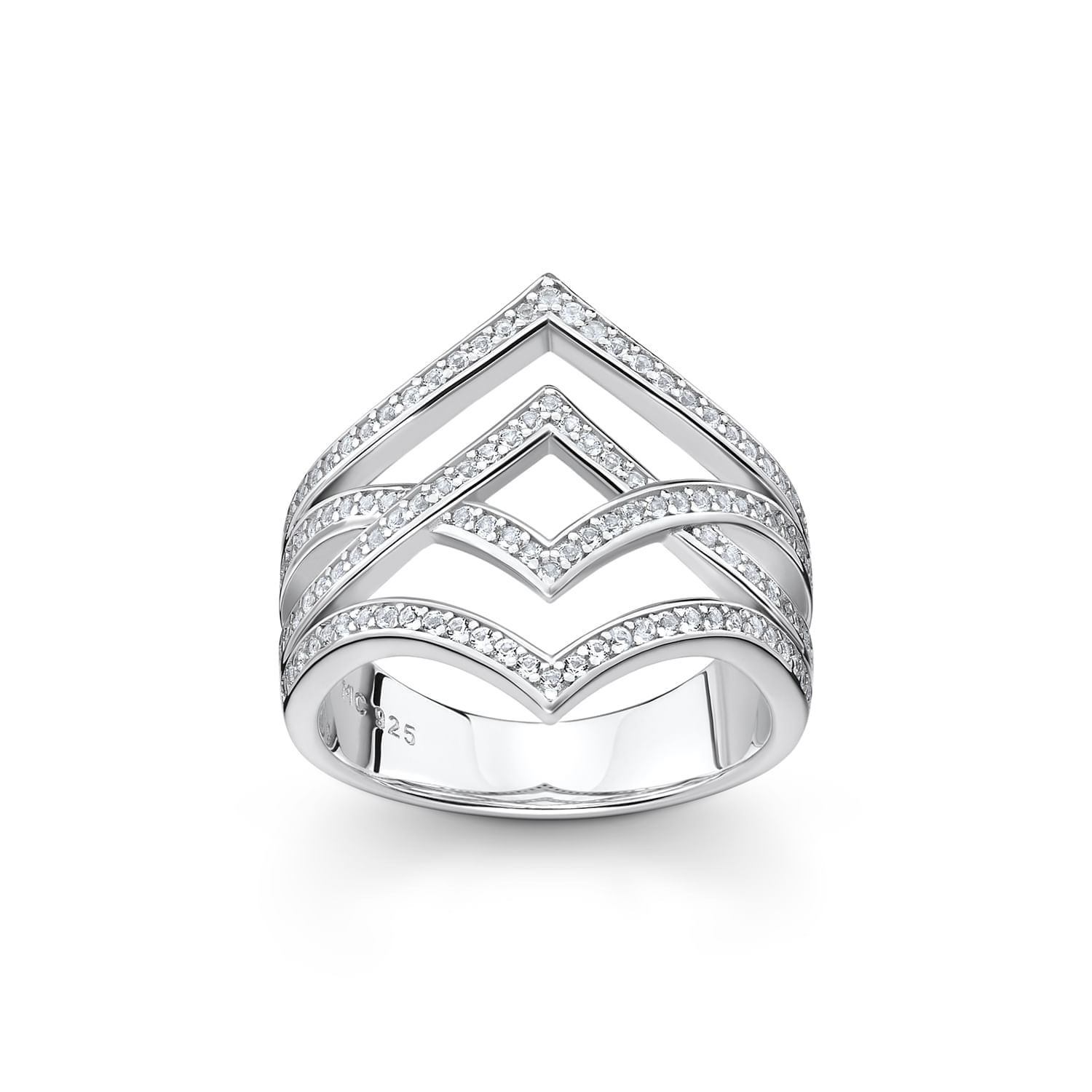 Anel prateado com várias faixas horizontais decoradas com pequenos diamantes.