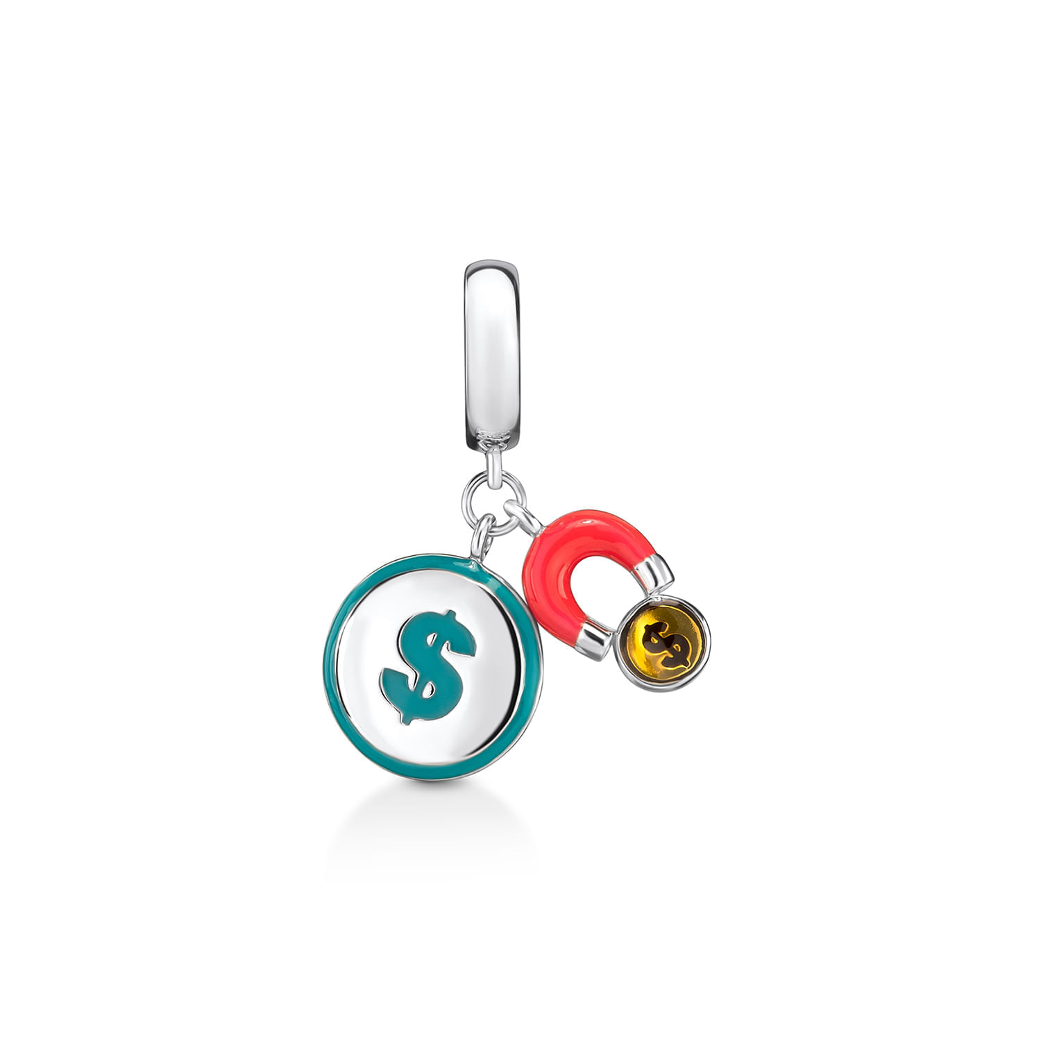Pingente com símbolo de cifrão e ímã em formato de pequena ferradura, ambos de metal prateado, com detalhes coloridos.