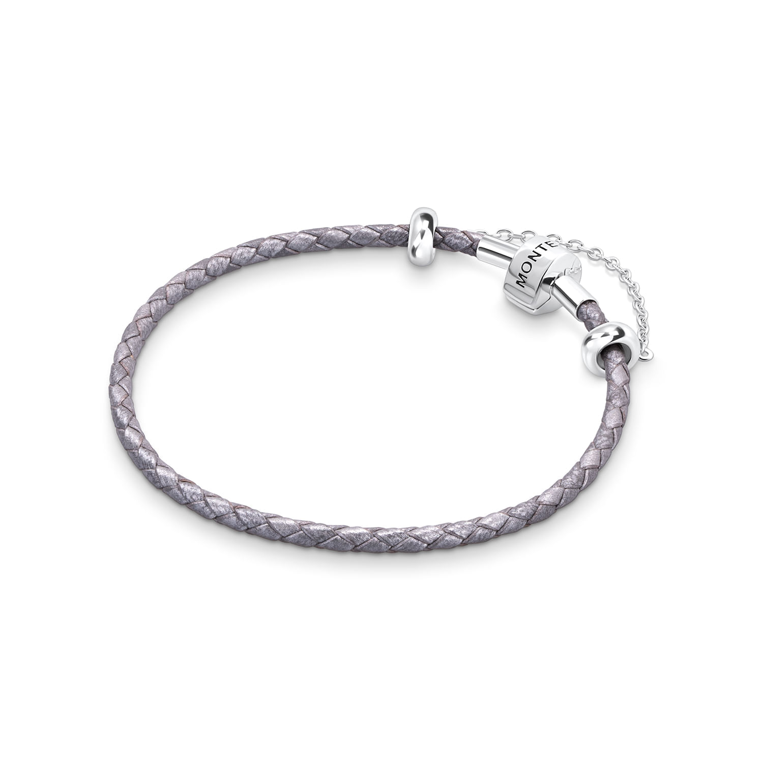 Pulseira prateada de couro trançado com fecho metálico com detalhe de corrente, da marca Monte Carlo.