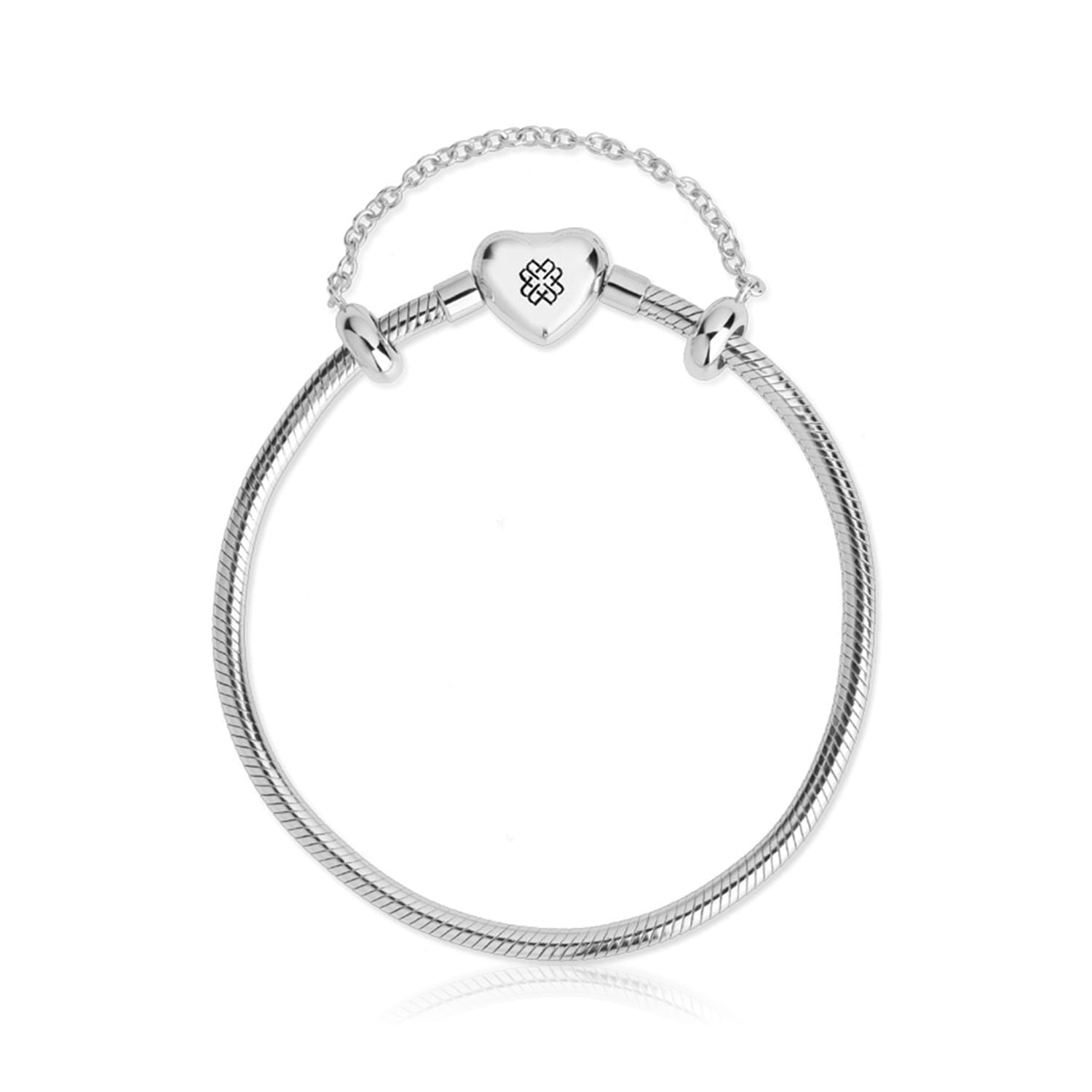 Pulseira prateada com coração de fechadura e detalhes decorativos.