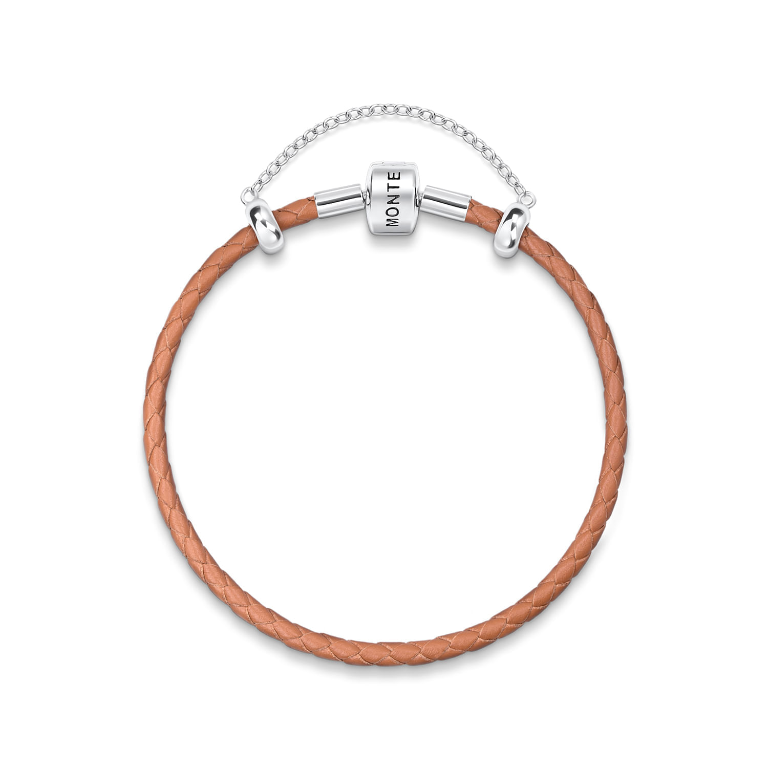 Pulseira com detalhe de couro marrom, fecho prateado com a marca "MONTE" e sistema de ajuste com corrente.