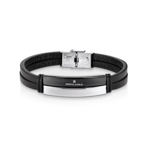 Pulseira Masculina de Couro Preto com Placa em Aço Preto - 21 cm