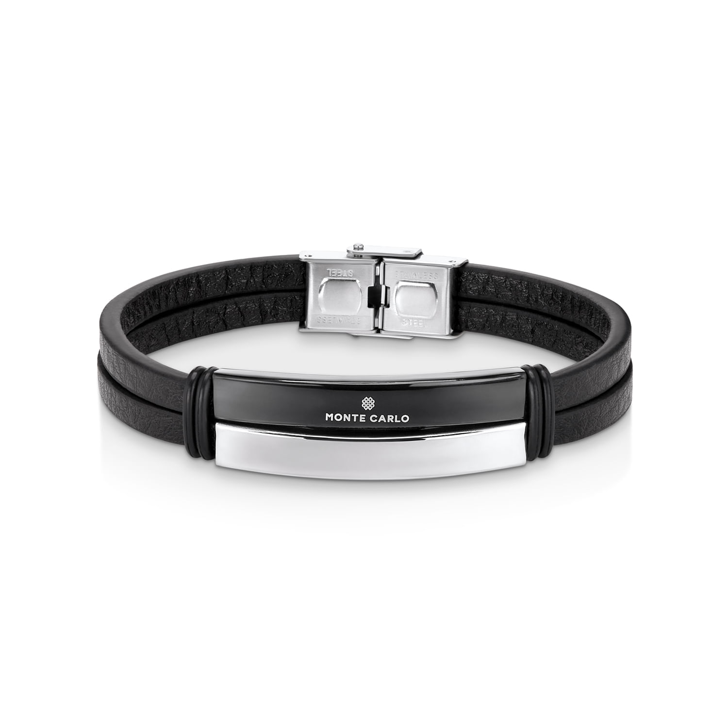 Pulseira masculina de couro preto com detalhes em metal prateado e assinatura "Monte Carlo" na peça central.