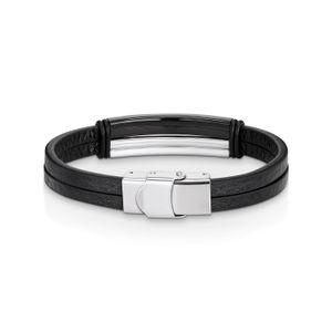 Pulseira Masculina de Couro Preto com Placa em Aço Preto - 21 cm