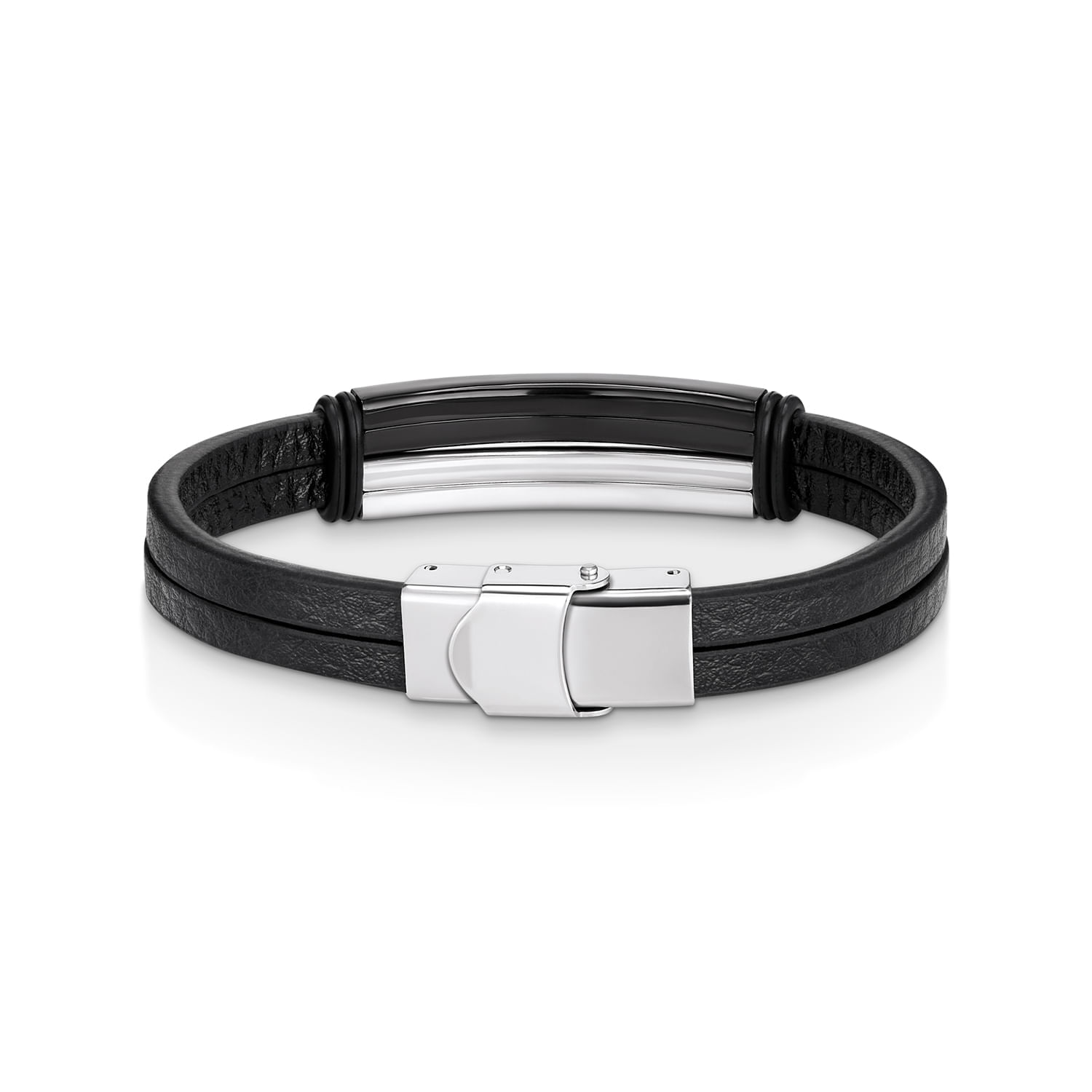 Pulseira masculina de couro preto e aço com fecho prateado.