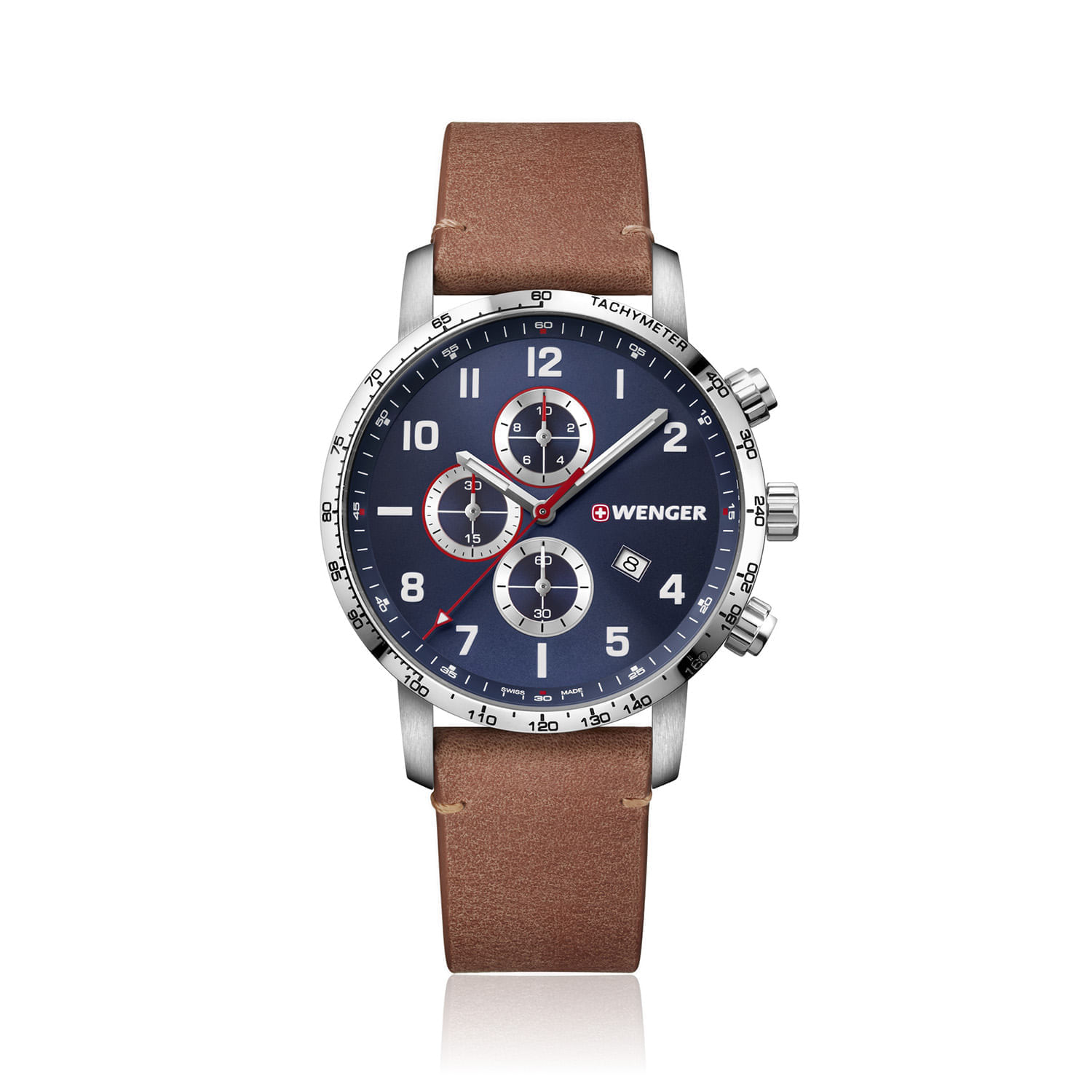 Relógio de bolso com pulseira marrom, mostrador azul e detalhes em prata, com funções de cronógrafo e data.