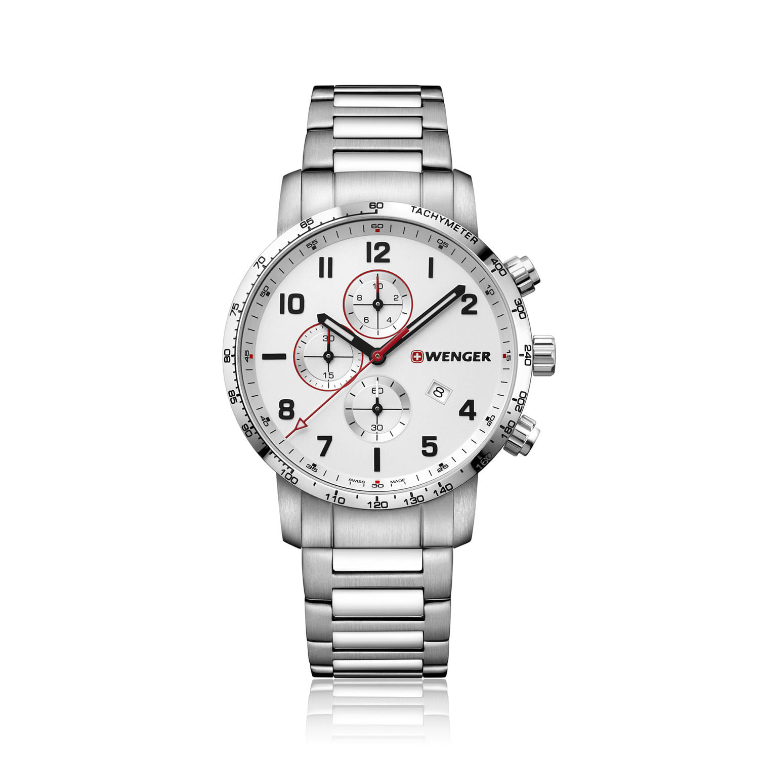 Relógio prateado com pulseira de metal, mostrador branco, cronógrafo e data, marca Wenger.
