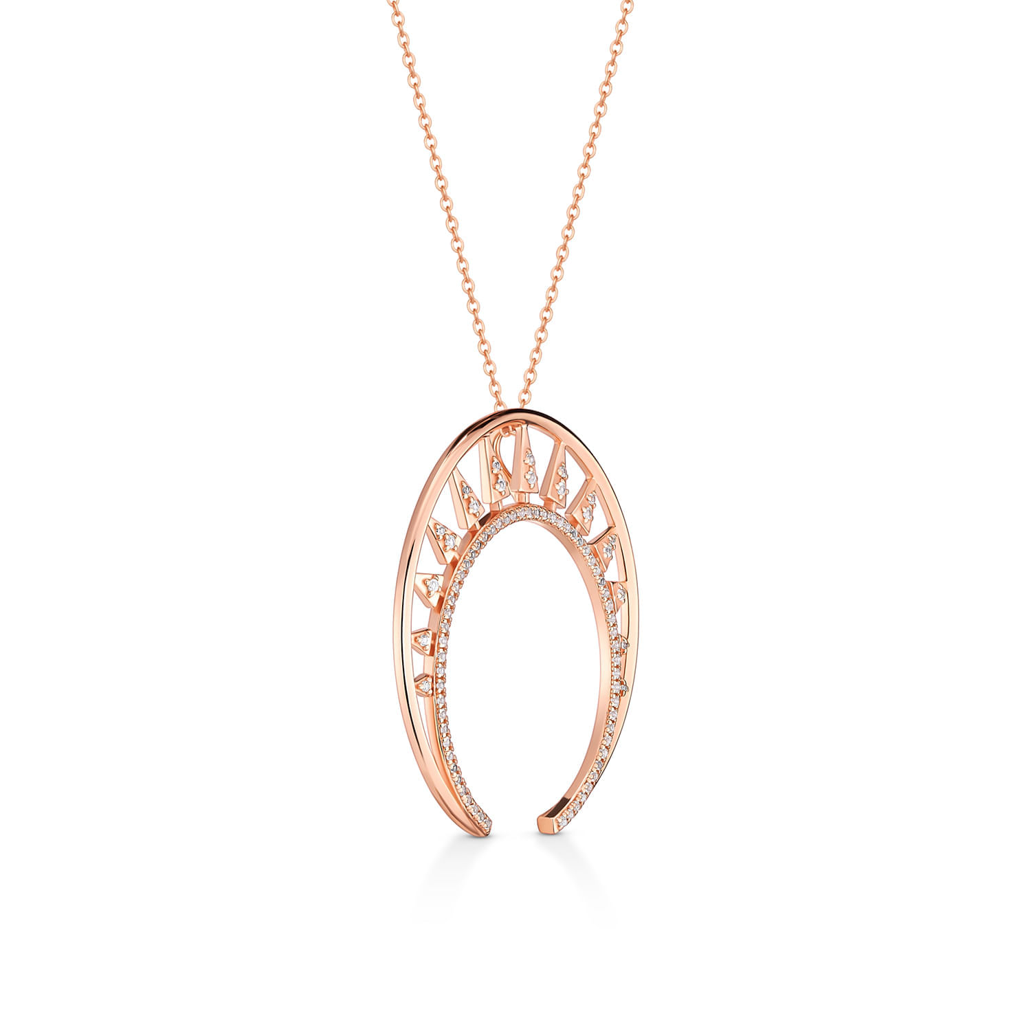 Colar feminino em formato oval com detalhes em pedras brilhantes e acabamento rosé, suspenso por corrente fina.