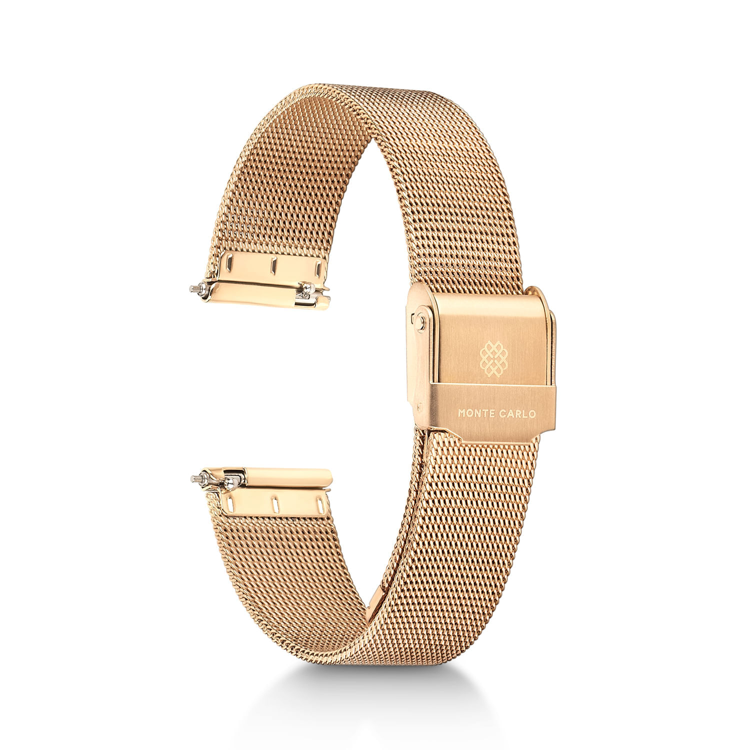 Relógio de pulso dourado com pulseira de malha metálica, caixa e fecho de metal, com a inscrição "MONTE CARLO".