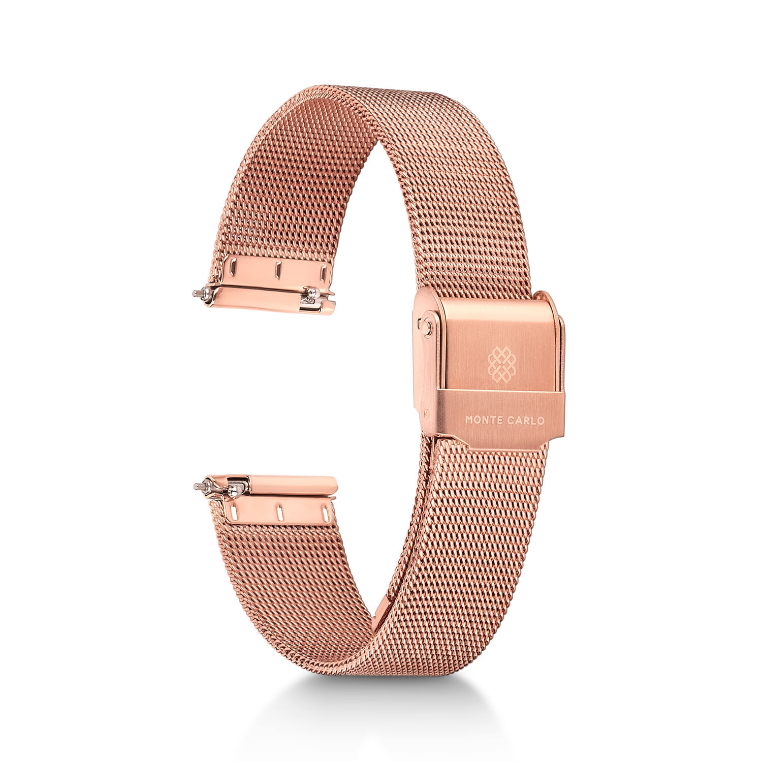 Pulseira de aço rosé com fecho de encaixe e acabamento mesh, decorada com o logo do Monte Carlo.