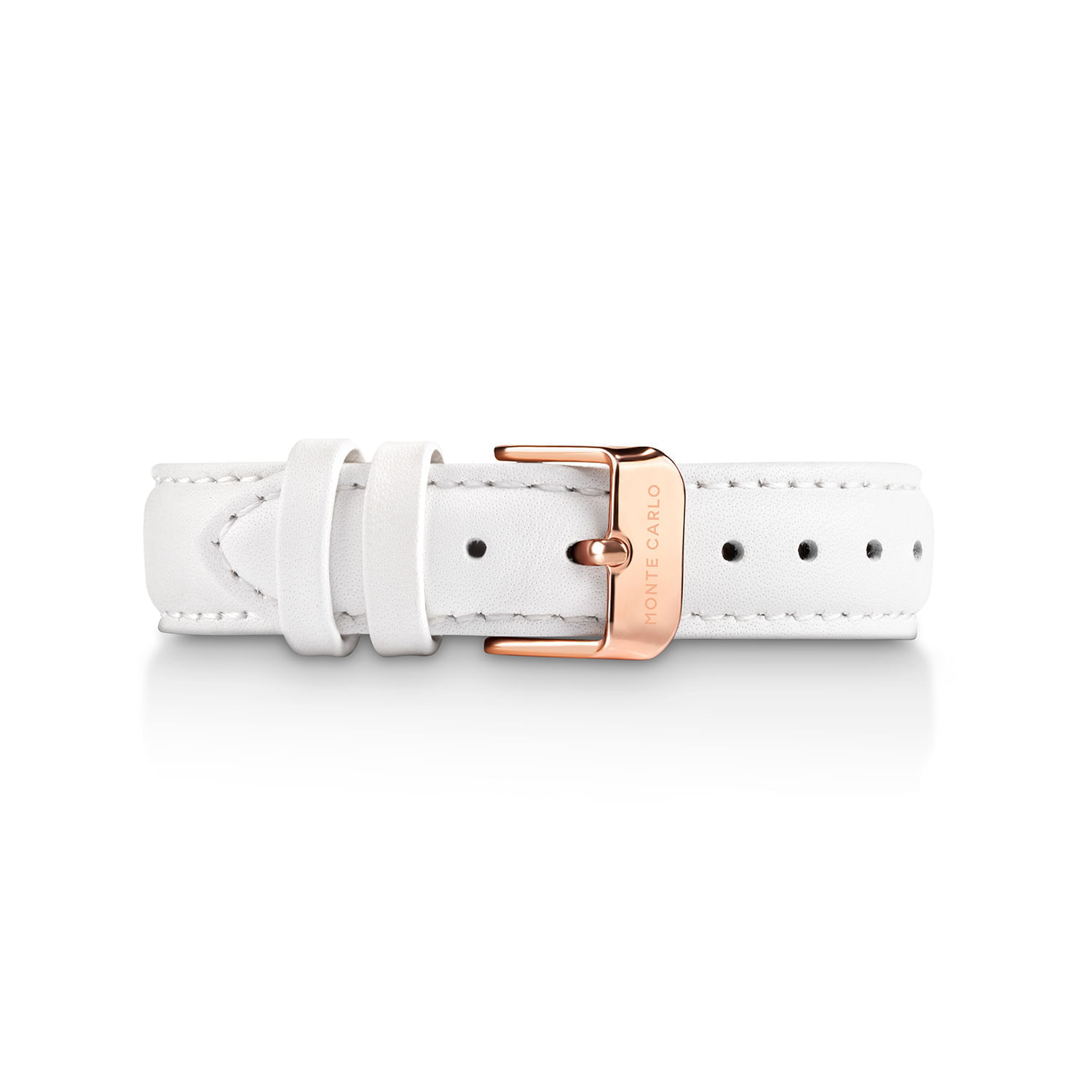 Pulseira branca de couro com fecho rose gold, com a marca Monte Carlo gravada na fivela.