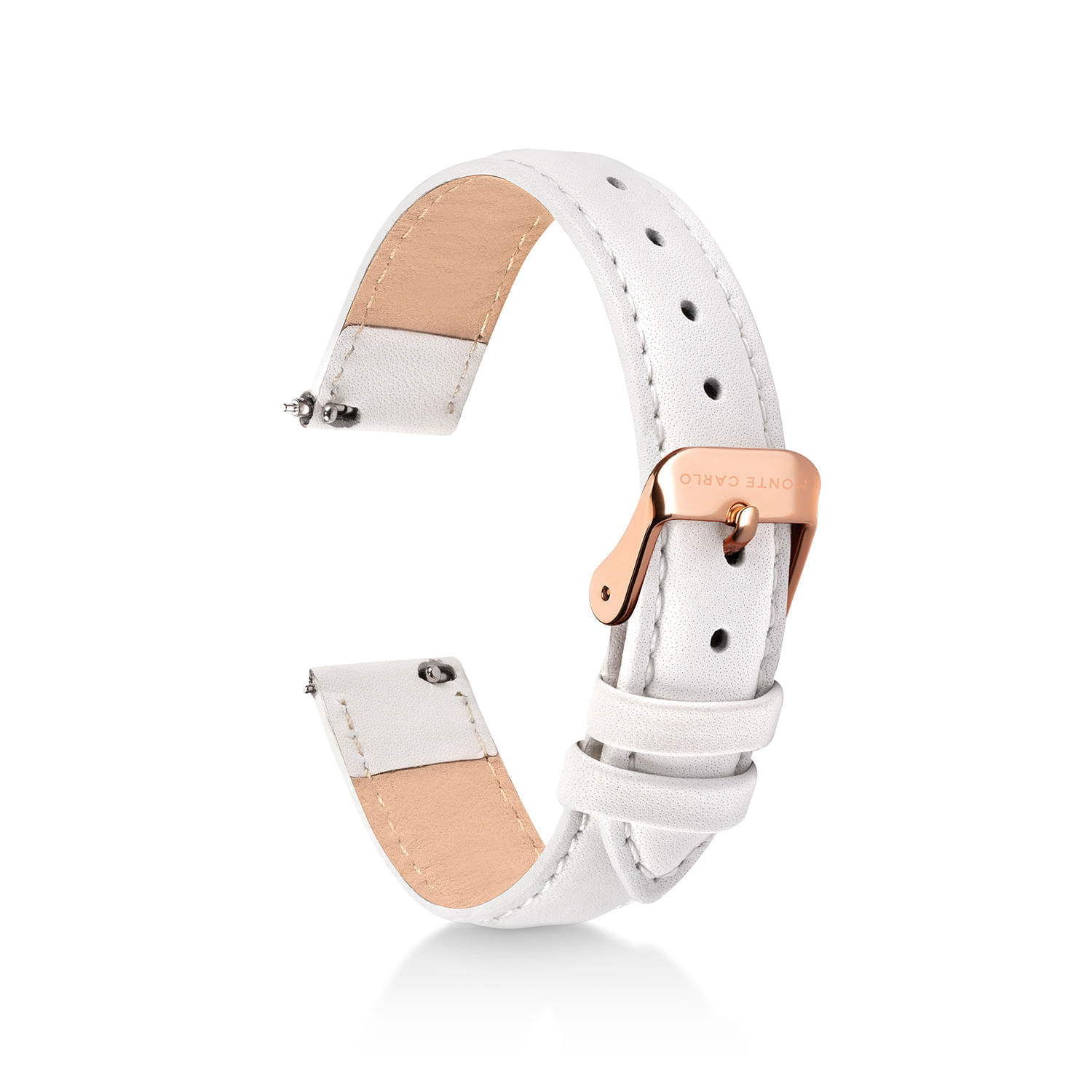 Pulseira branca com fecho rose gold, com fivelas ajustáveis e detalhes.