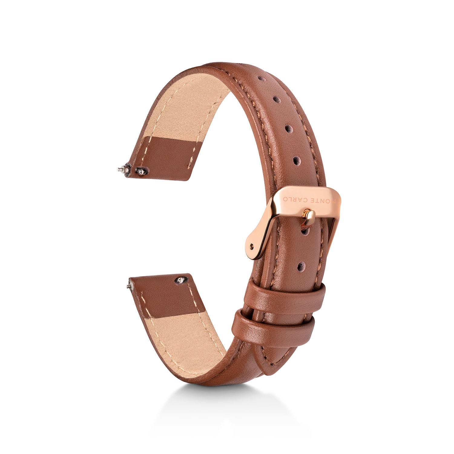 Pulseira de couro marrom com fecho rosé dourado, marcada com "OTTE CARLO".