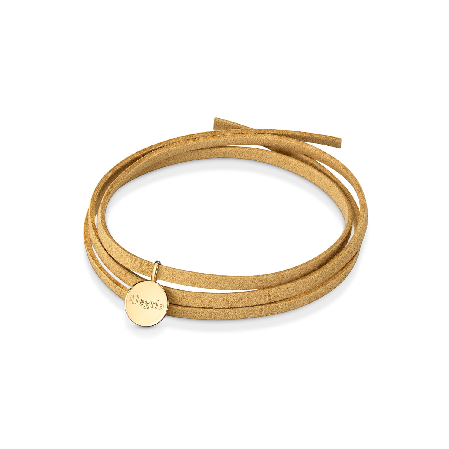 Pulseira dourada com tiras finas e um pingente com a palavra "Alegria".