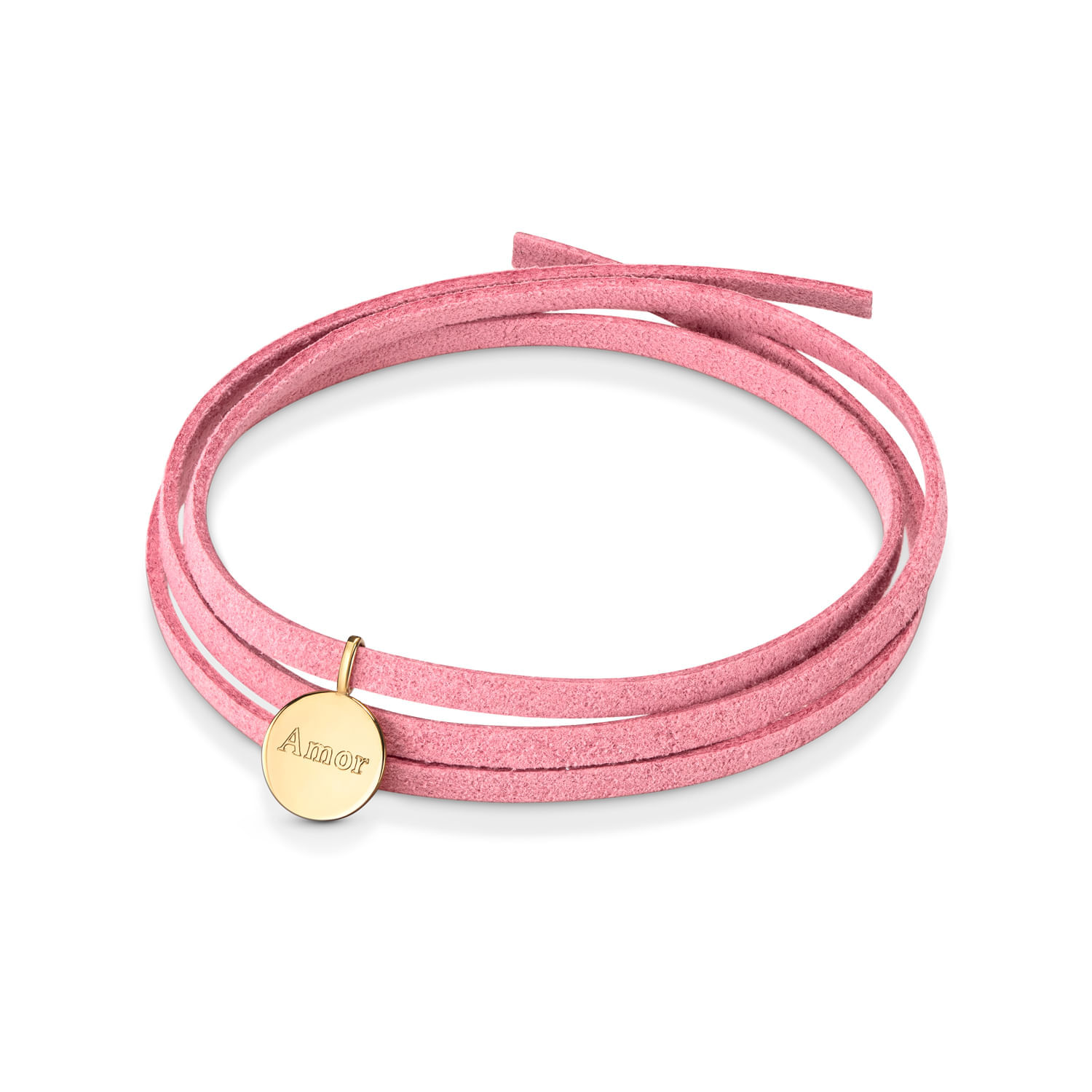 Pulseira de couro rosa com pingente dourado gravado com a palavra "Amor".