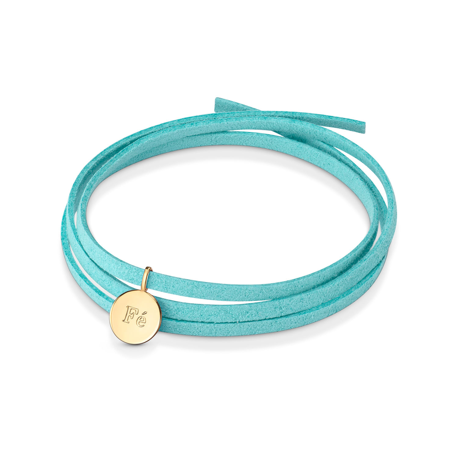 Pulseira azul com fita fina e pingente dourado com a inscrição "Fé".