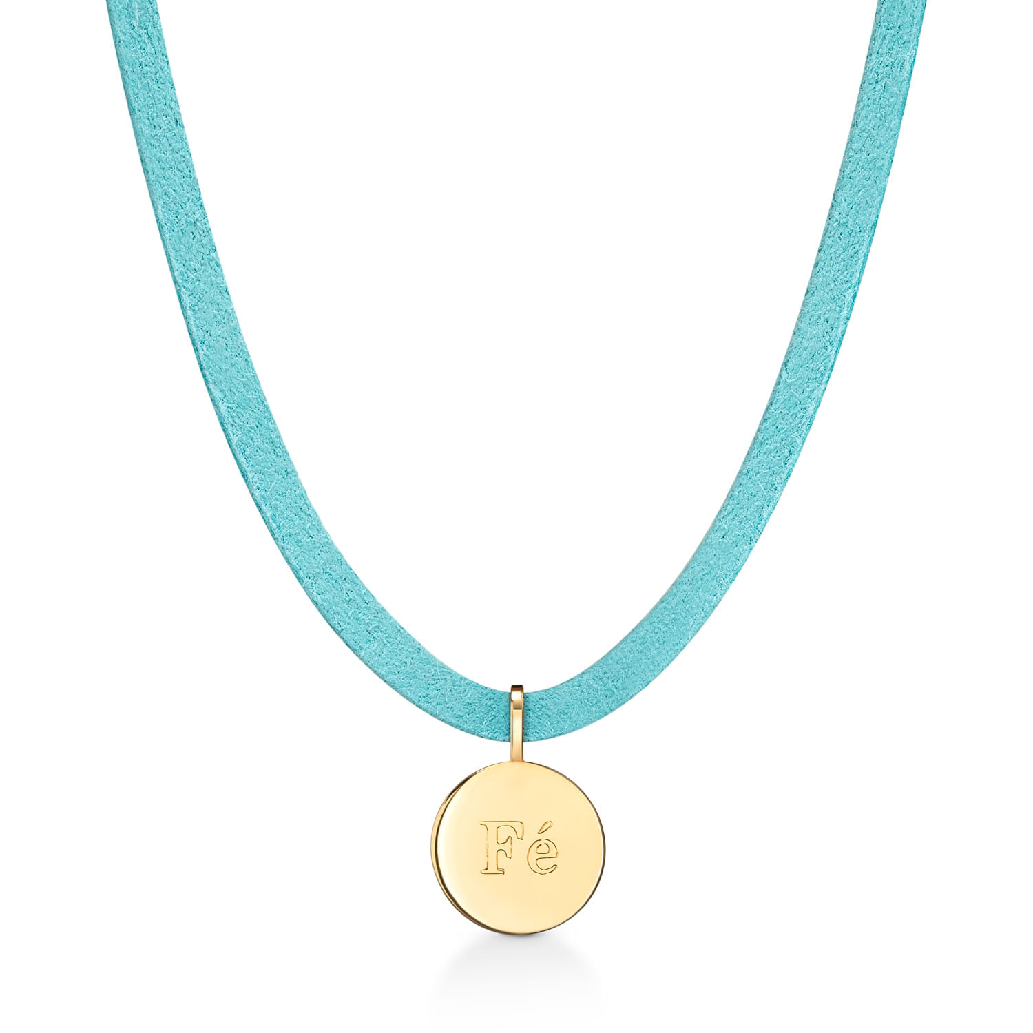 Colar com fita azul e medalha dourada com a palavra "Fé" gravada.