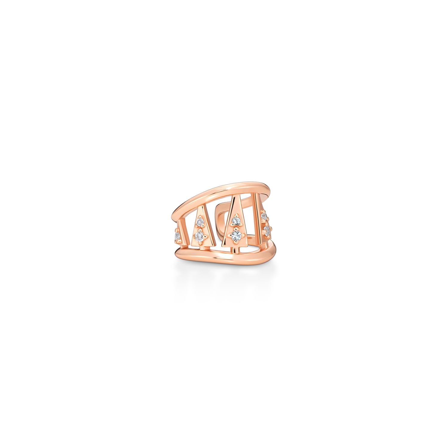 Anel rosa com design de grades e pequenos diamantes.