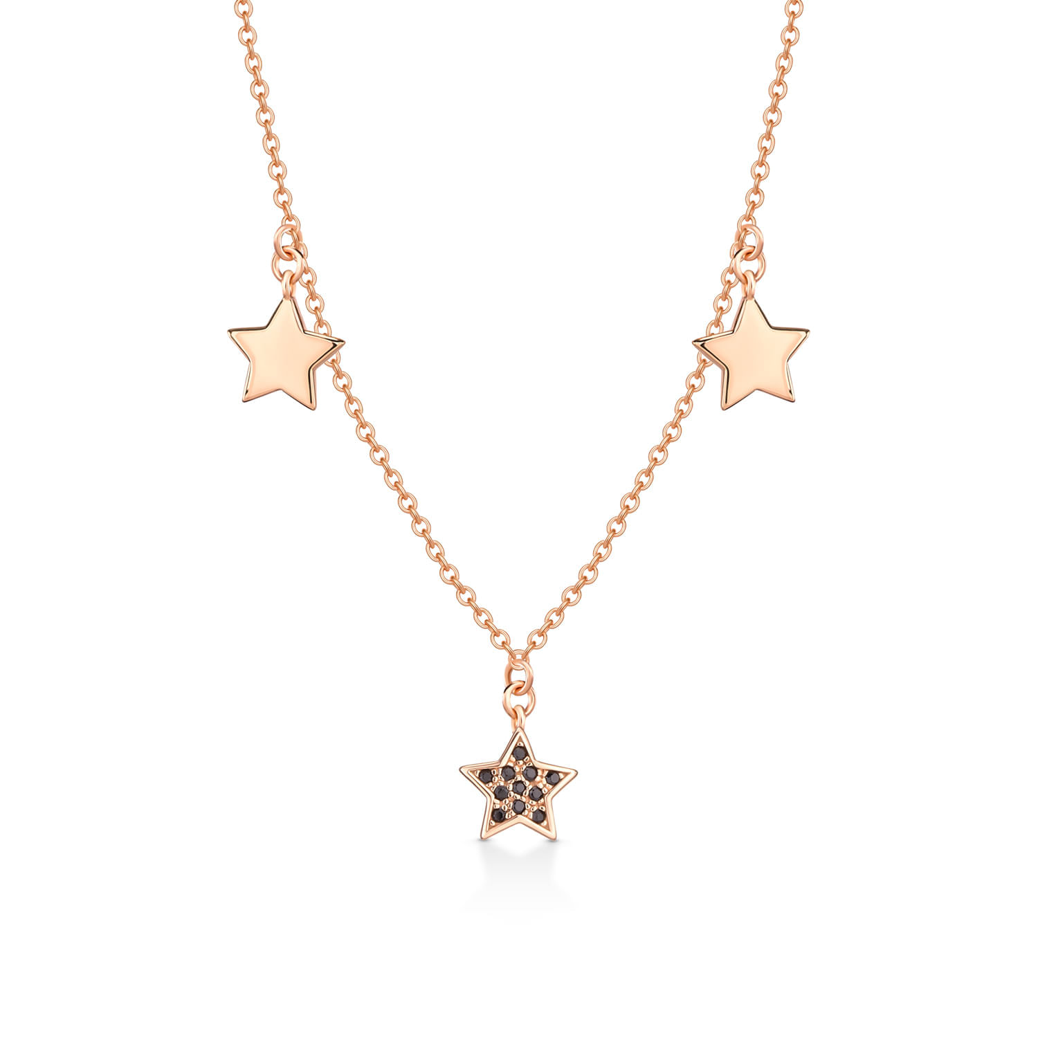 Colar com três pingentes de estrela, sendo dois lisos e um com detalhes em pedras pretas, em corrente rosé.